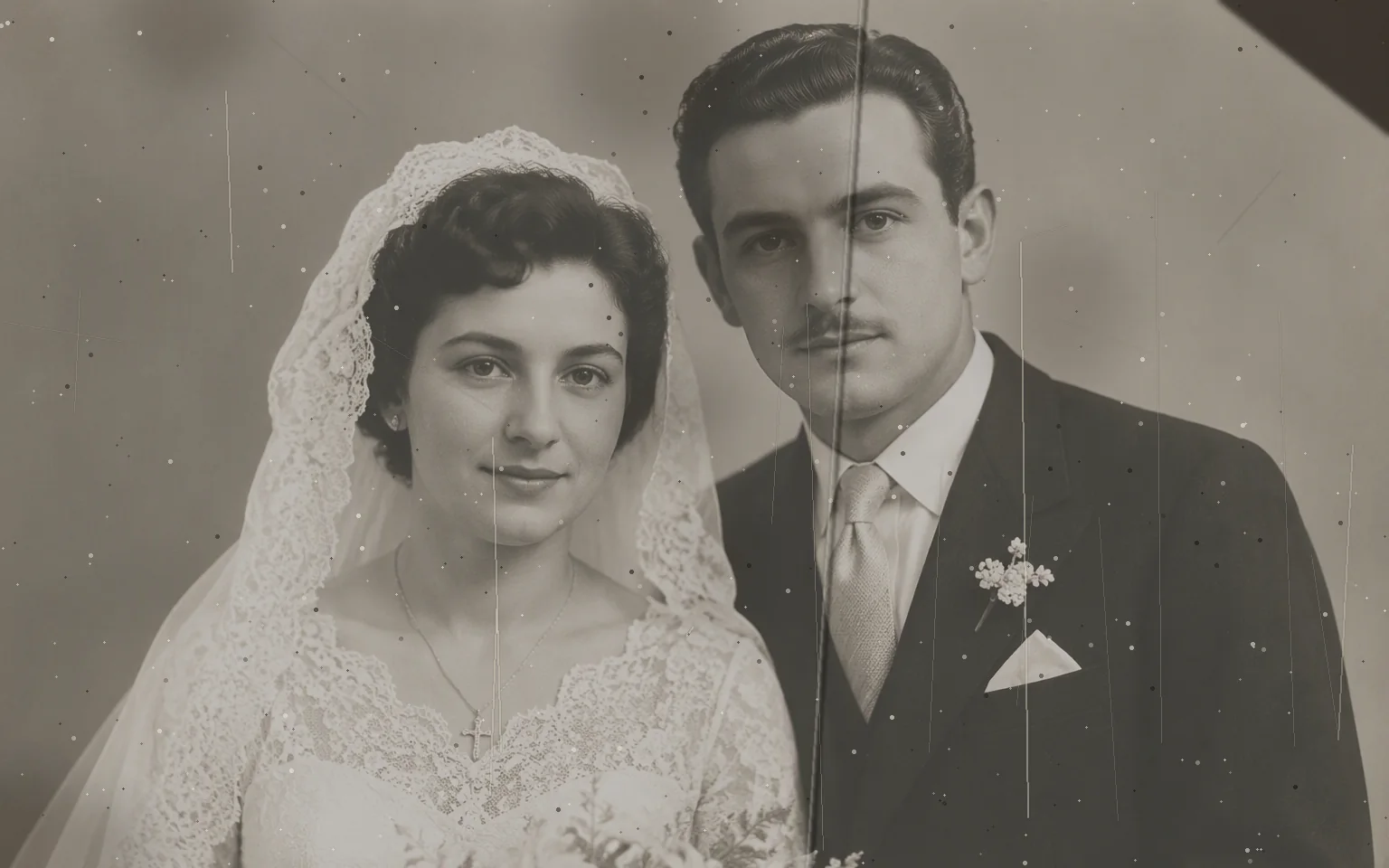Foto di coppia d'epoca prima del restauro: graffi, macchie e pieghe